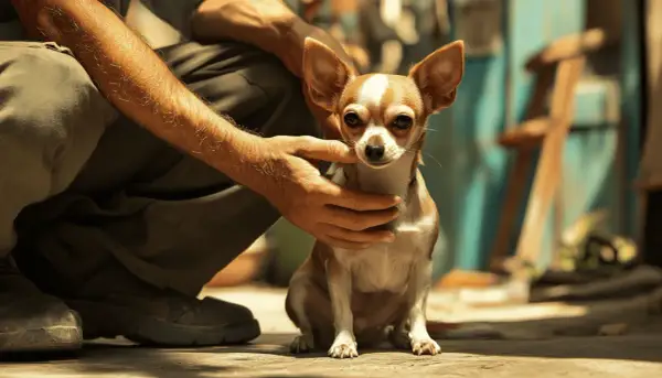 Mała, wściekła chihuahua z wielkimi uszami siedzi na ziemi, podczas gdy mężczyzna delikatnie głaszcze ją po głowie.