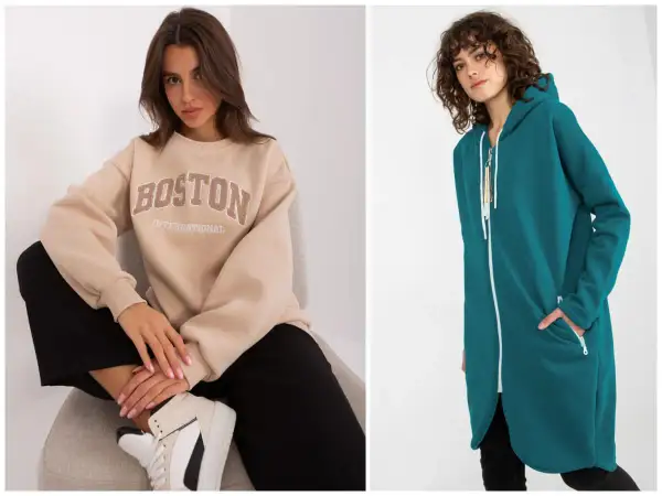 Dwie modne bluzy: beżowa z napisem "Boston" i długa, rozpinana w kolorze turkusowym. Idealne na co dzień.
