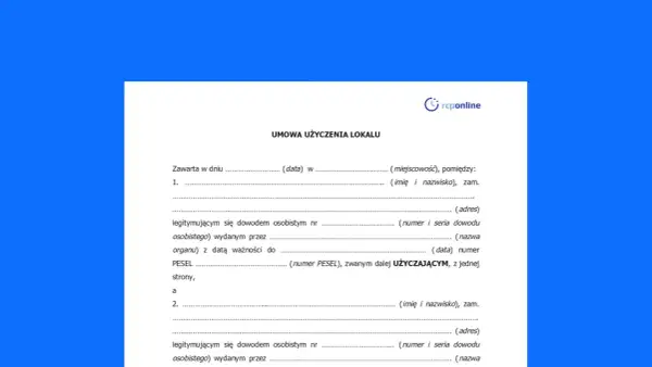 Formularz umowy użyczenia lokalu, zawierający pola do wpisania danych stron, daty, miejsca zawarcia umowy oraz danych identyfikacyjnych.