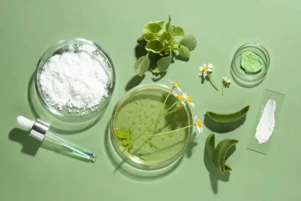 Składniki do domowego peelingu z sody: biały proszek, zielony żel, aloes, rumianek i krople.