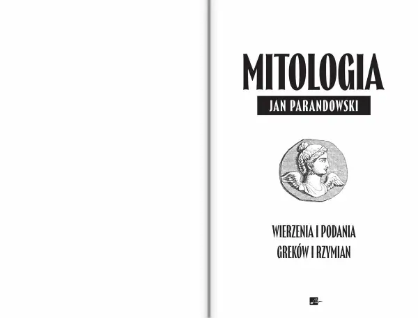 Okładka książki "Mitologia" Jana Parandowskiego z wizerunkiem skrzydlatej głowy.