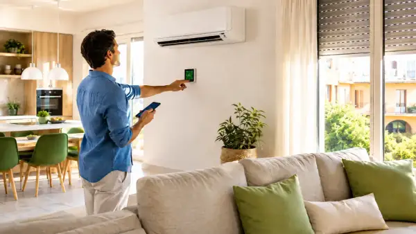 Uomo controlla termostato smart e smartphone, scoprendo nuovi modi per risparmiare energia in casa.