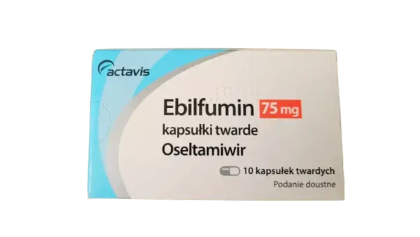 Opakowanie leku Ebilfumin 75 mg, zawierającego oseltamiwir. 10 kapsułek twardych do podania doustnego.
