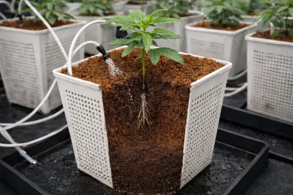 Piantina in vaso con sistema di irrigazione a goccia. Le radici crescono sane e forti grazie al substrato e alla tecnologia FloraFlex.