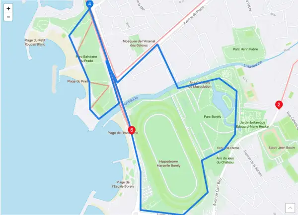 Carte de parcours de course à pied à Marseille, passant par le Parc Borély, l'hippodrome et les plages du Prado. Idéal pour savoir où courir à Marseille.