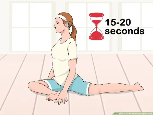 A woman performs a windshield wiper stretch, holding the pose for 15-20 seconds.