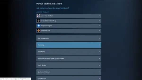 Menu pomocy technicznej Steam z opcją "Transakcje" podświetloną na niebiesko.