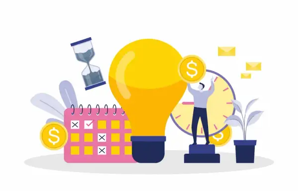 Calendario con segnate le giornate lavorative e un'idea luminosa. Un promemoria per il preavviso turni di lavoro, con clessidra e monete.