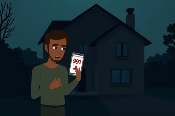 Zmartwiony mężczyzna trzyma telefon z numerem 991, próbując zgłosić awarię prądu Tauron.