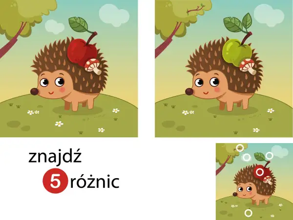 Uroczy jeż z jabłkiem i grzybkiem na grzbiecie. Znajdź 5 różnic między obrazkami, by pomóc mu w poszukiwaniach.