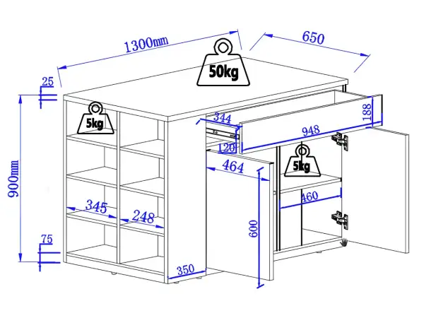 Schéma technique d'un îlot central de cuisine. Dimensions : 1300x650x900mm. Charge max 50kg.