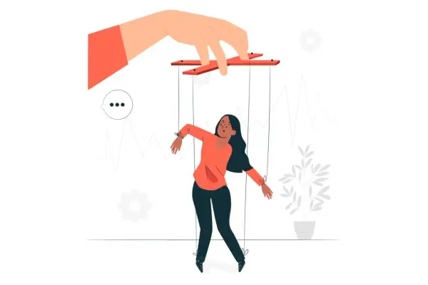 Una marionetta umana controllata da una mano gigante, simboleggia la difficoltà di avere tutto sotto controllo psicologia.