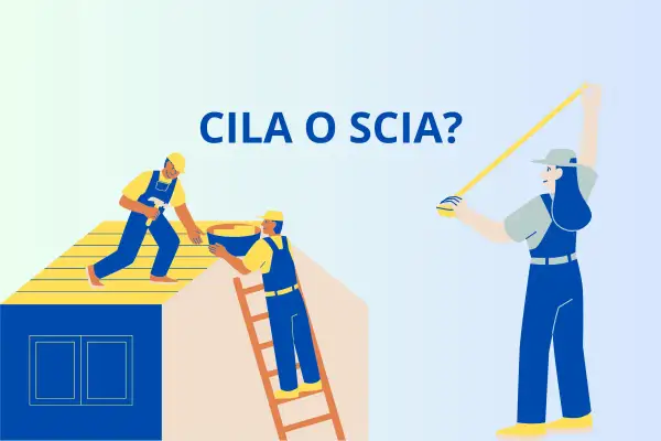 Lavoratori edili sul tetto, uno con martello, l'altro con secchio. Una donna misura con un metro. La domanda è: CILA o SCIA?