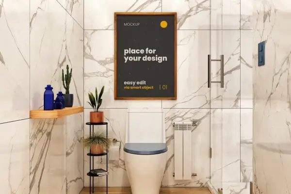Nowoczesny plakat do łazienki do druku, z motywem geometrycznym i napisem "place for your design". Idealny do personalizacji wnętrza.