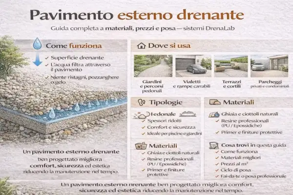 Pavimento esterno drenante: l'acqua filtra attraverso, niente ristagni. Ideale per giardini, vialetti e parcheggi. Un asfalto permeabile che migliora comfort e sicurezza.