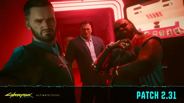 Trzech mężczyzn w neonowym korytarzu. Zbliża się aktualizacja Cyberpunk 2077 Patch 2.31.