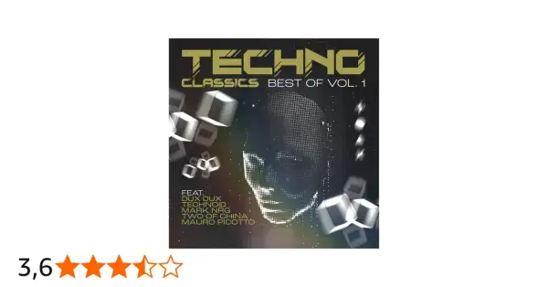 Copertina di "Techno Classics Best of Vol. 1", con un volto stilizzato e cubi fluttuanti. Un must per gli amanti della musica techno famosa.