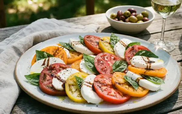 En vacker caprese-sallad med skivade tomater i olika färger, mozzarella och basilika, perfekt för ett sommarrecept.