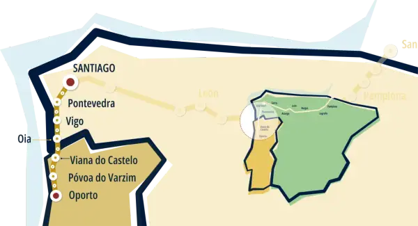 Mapa ilustra el camino de Santiago Portugal, con ciudades como Oporto, Viana do Castelo, Vigo, Pontevedra y Santiago.