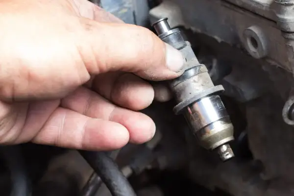 Main d'un mécanicien tenant un injecteur diesel sale. Le prix de la réparation d'injecteur diesel peut varier.