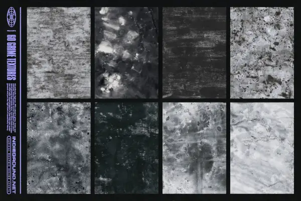 Eight grunge art style textures, featuring distressed, stained, and gritty surfaces in shades of black and white.