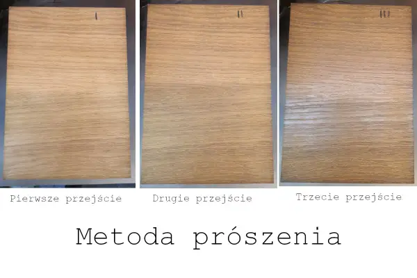 Trzy próbki drewna pokazujące efekt bejcowania: pierwsze przejście, drugie i trzecie. Metoda prószenia.