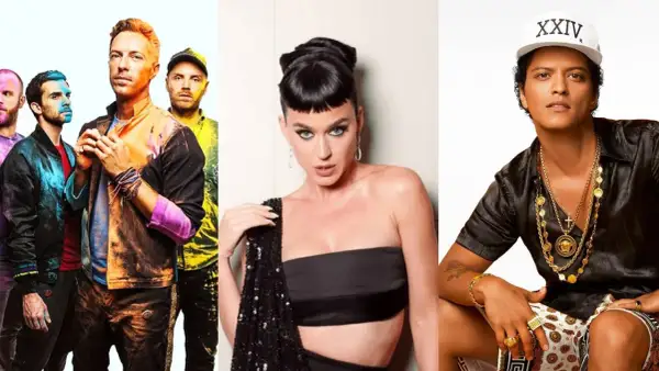 Coldplay, Katy Perry e Bruno Mars, icone delle canzoni inglesi famose moderne, in un collage vibrante.