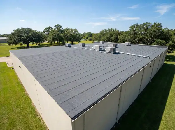 A commercial building with a durable SBS roofing system, featuring multiple HVAC units on its flat, grey surface.