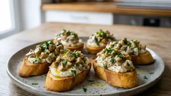 Bruschettas garnies de champignons crémeux et persil. Une idée de recette mascarpone salé rapide et délicieuse.