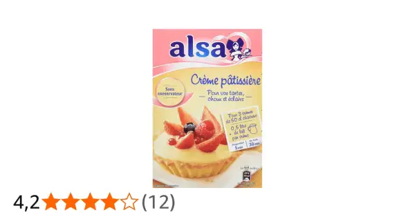 Boîte de crème pâtissière Alsa pour garnir tartes, choux et éclairs. Image d'une tartelette garnie de crème et fruits rouges.