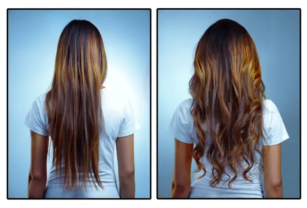 Comparativa de un método curly: cabello liso y sin vida antes, y melena voluminosa y con ondas definidas después.