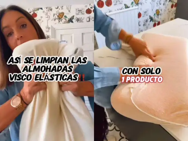 Demostración de cómo limpiar almohadas viscoelasticas. Se muestra cómo se pueden lavar fácilmente con un solo producto.
