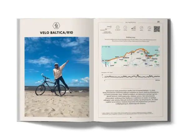 Rowerzystka na plaży z rowerem, obok mapa i opis trasy Velo Baltica/R10, jednej z najpiękniejszych ścieżek rowerowych Polska.