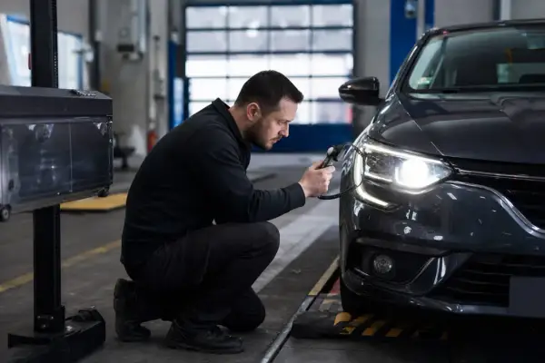 Un technicien vérifie les phares d'une voiture avec un appareil de mesure, assurant la conformité de la barre led pour le contrôle technique.