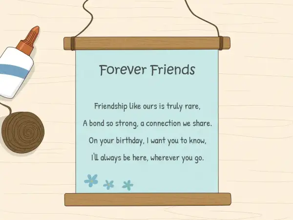 Wierszyk o przyjaźni "Forever Friends" z uroczymi kwiatuszkami. Idealny na prezent, bo przyjaźń to mega śmieszne wierszyki!