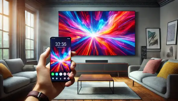 Obraz z telefonu na TV przez USB-C. Kolorowa eksplozja na ekranie telefonu i telewizora.