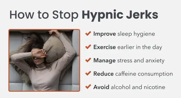 A woman rests uncomfortably, covering her eyes. The image lists ways to stop hypnic jerks, assuring you can't die from them.