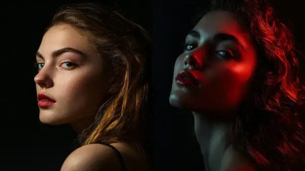 Split image shows a woman's face lit with soft natural light on the left, and dramatic red light on the right, demonstrating how to light a photo shoot for different moods.