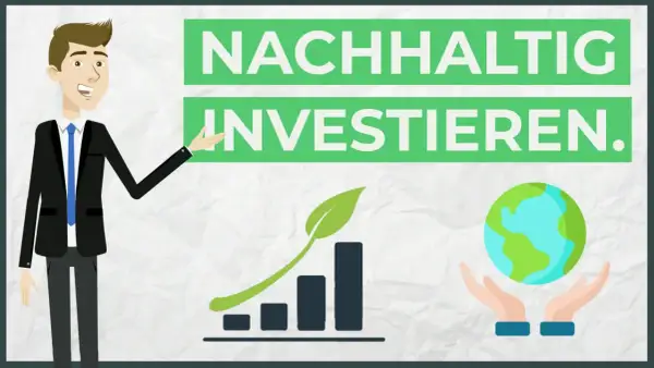 Ein Mann im Anzug zeigt auf grüne Schilder mit der Aufschrift "NACHHALTIG INVESTIEREN". Daneben sind ein Wachstumsdiagramm mit Blatt und die Erde in Händen zu sehen.