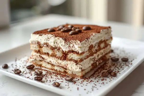 Un délicieux tiramisu cake, empilé de biscuits à la cuillère et de crème onctueuse, saupoudré de cacao et de grains de café.