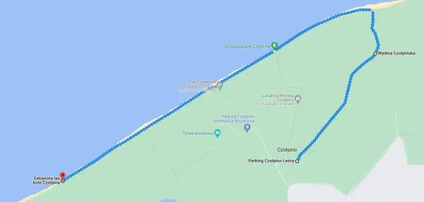Mapa z zaznaczoną trasą wzdłuż wybrzeża, prowadzącą do "Zatopiony las koło Czołpina", dzikiej plaży i wydmy.