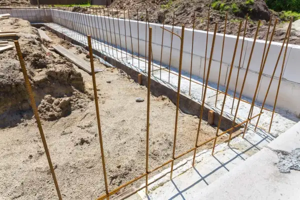 Zbrojenie z prętów stalowych B500SP w wykopie pod fundamenty. W tle białe bloczki betonowe.