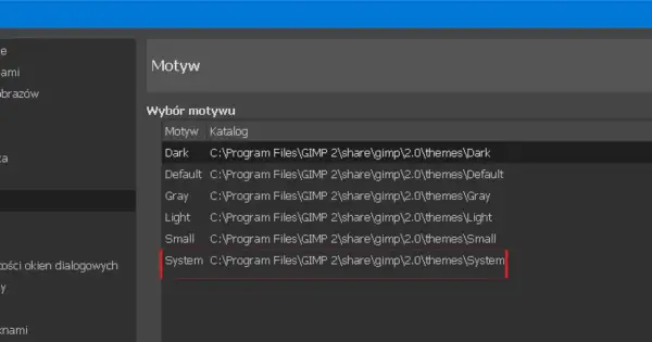 GIMP podstawy: wybór motywu interfejsu. Widoczna lista dostępnych motywów, w tym "System", zlokalizowanych w katalogu GIMP.