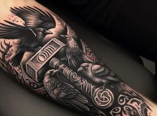 Tatuaż kruka z młotem Thora. Kruki symbolizują mądrość i pamięć, a młot to potęga i ochrona.
