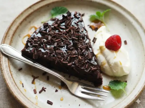En bit glutenfri kladdkaka med chokladspån, vispad grädde, hallon och mynta på en tallrik.