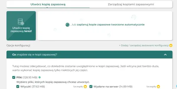 Panel WordPress do tworzenia kopii zapasowych. Możesz utworzyć kopię teraz lub zaplanować ją automatycznie.