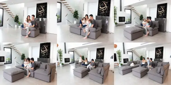 Familia disfrutando de un momento de paz en su moderno centro de relax, con un sofá modular gris y una escalera de diseño.