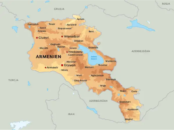 Mapa Armenii z zaznaczonymi miastami. Z kim graniczy Armenia? Z Gruzją, Azerbejdżanem, Iranem i Turcją.