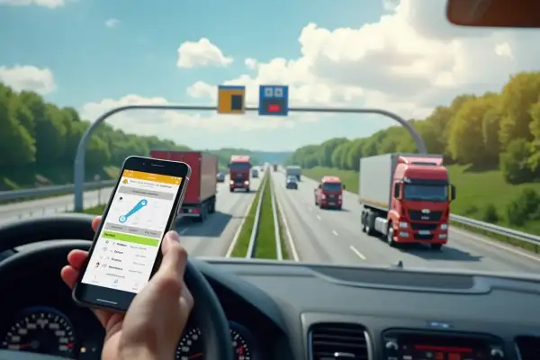 Kierowca ciężarówki sprawdza na telefonie autostrada a4 cennik Gliwice-Wrocław. W tle inne ciężarówki na drodze.