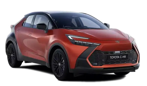 Pomarańczowy Toyota C-HR 2020 z czarnym dachem i felgami, prezentujący nowoczesny design i sportowy charakter.